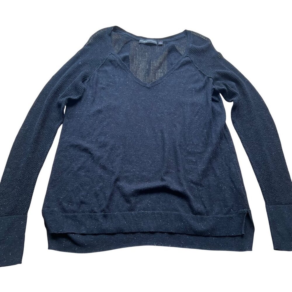 Rock & Republic Size L Black Sheer Knit Long Sleeve V-Neck Pullover Sweater